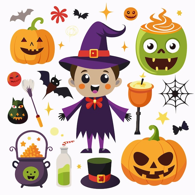icon fun and festive halloween scene with witch and spooky decorations