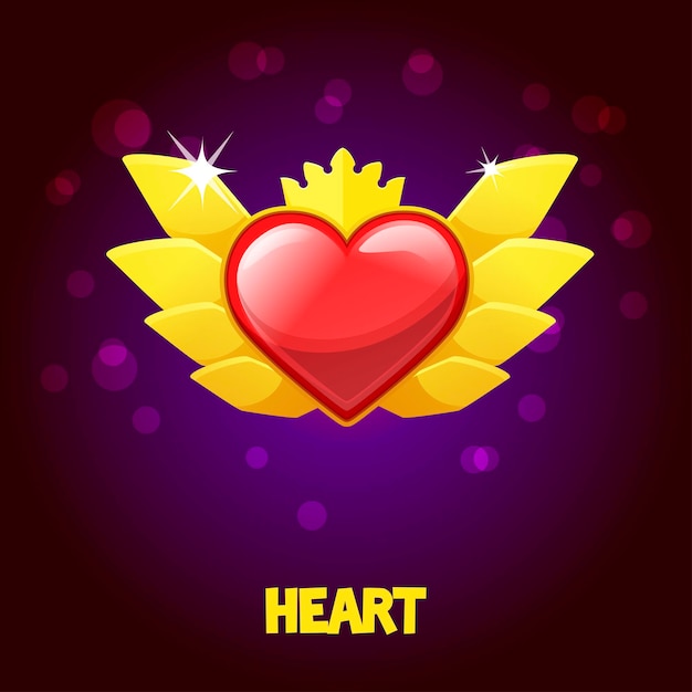 Icon golden heart with wings and crown for the game.