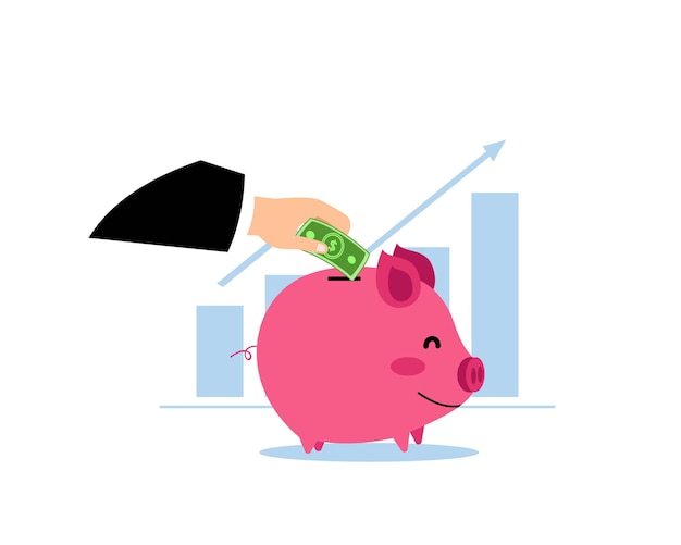 icon hand putting dollar bill into piggy bank. investment and finance concept