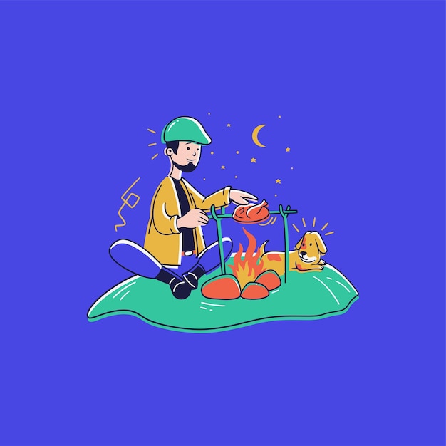 Icon a hunter is burning a chicken for his dinner line pop scenes illustration