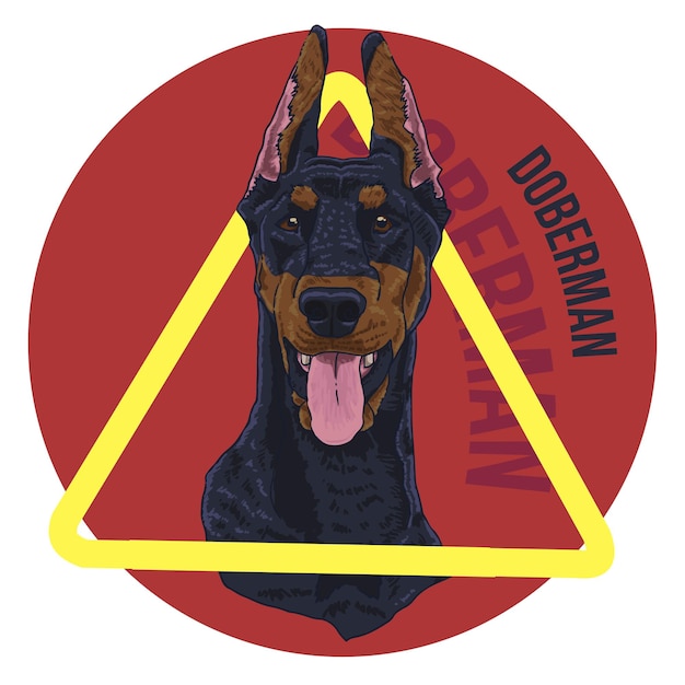 Vector icon illustration of doberman dog with triangle sign