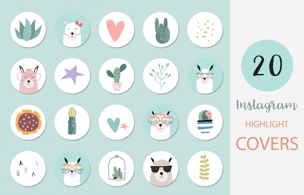 Icon of instagram highlight cover with llama, cactus, heart for social media