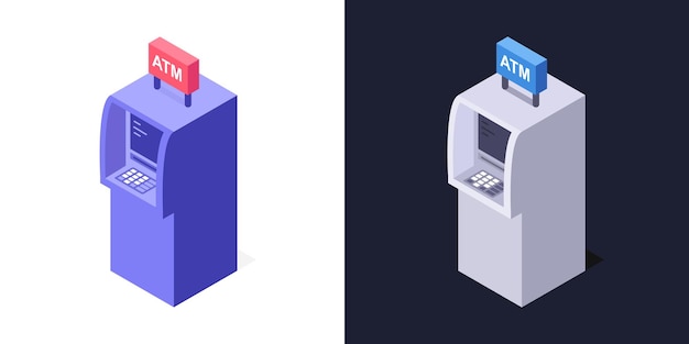 ベクトル 2 つの異なる背景ベクトル図に分離されたアイコン等尺性 atm 現金自動支払機