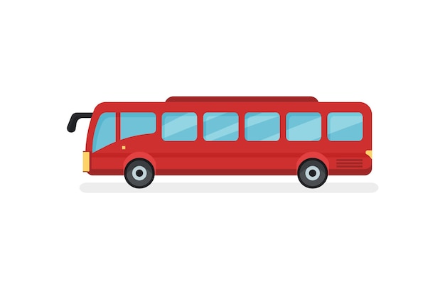 Икона большого красного городского автобуса с синими окнами, вид сбоку. Автомобиль для пассажиров. Городской общественный транспорт. Автомобильная тема. Красочные векторные иллюстрации в плоском стиле на белом фоне.