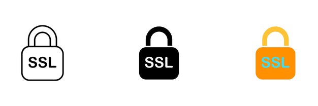 Un'icona di un lucchetto con le lettere ssl scritte su di esso che indica una connessione sicura insieme vettoriale di icone in stili di linea nero e colorato isolato