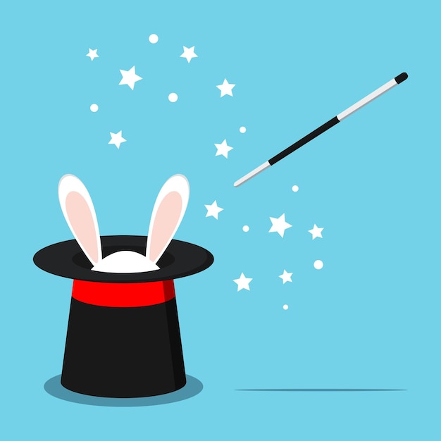 Vector icon of magic black hat with white rabbit bunny ears