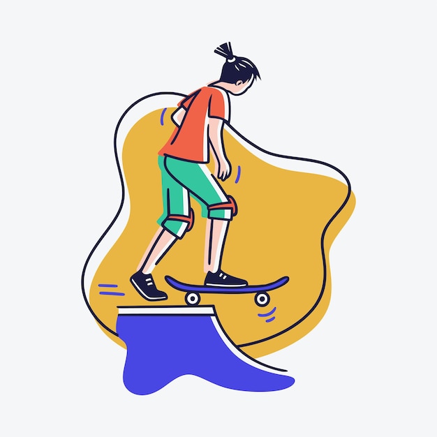 L'icona di un uomo sta facendo skateboard spingendo lo skateboard con l'illustrazione di scene pop della linea dei piedi