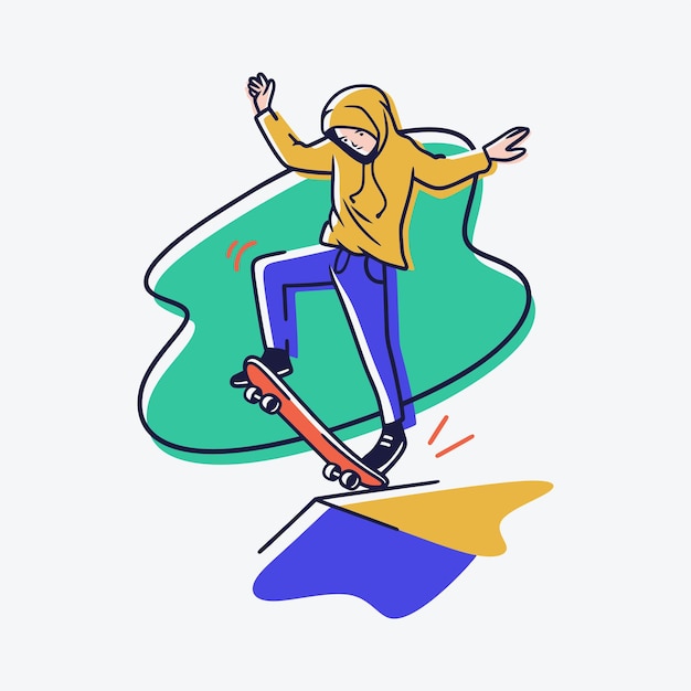 Icon a man is skateboarding in a position ready to fly line pop scenes illustration