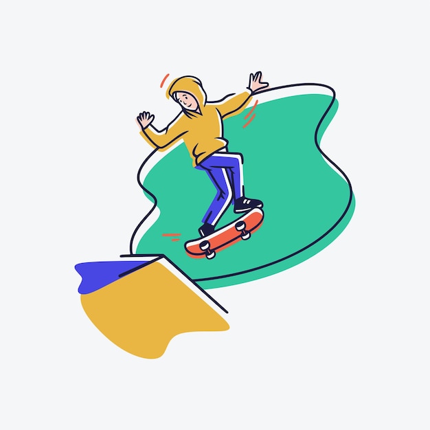 L'icona di un uomo sta facendo skateboard con una posizione fluttuante e guarda l'illustrazione delle scene pop della linea di fondo