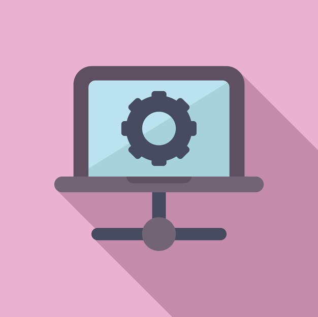 Icon met een plat ontwerp dat een laptop weergeeft met een versnellingssymbool dat onderhoud of instellingen van de computer illustreert
