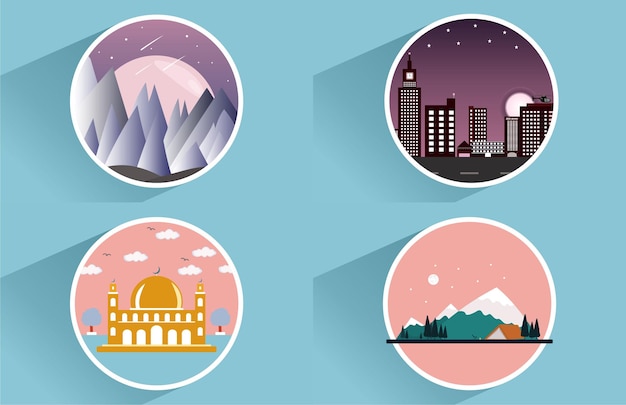 Vector icon mountain and skyscrapers decoration of rounded frame