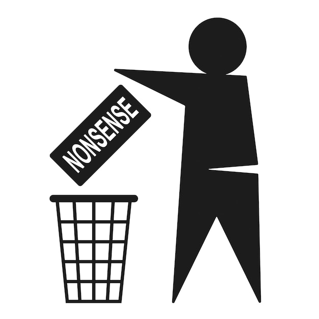 헛소리 비방 불필요한 정보의 상징으로 헛소리를 던지는 쓰레기통을 든 남자의 아이콘