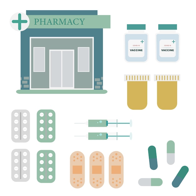 薬局と薬の注射器のアイコンは、錠剤とアンプルにパッチを当てます