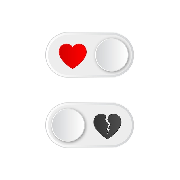 Icon on and off toggle switch button with red heart and broken.