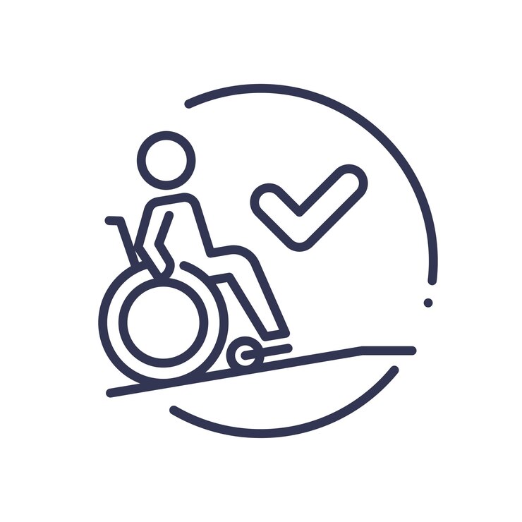 Vector icon of a person in a wheelchair on a ramp with a check mark