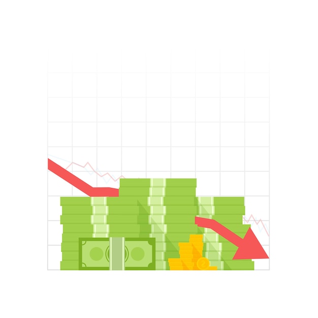 Icon pile of cash red recession graph with downward arrow. green dollar and gold coins. vector illustration.