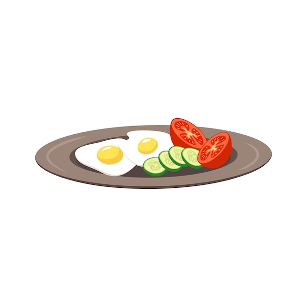 Icon of plate with scrambled eggs tomatoes and sliced cucumbers Dish with healthy breakfast