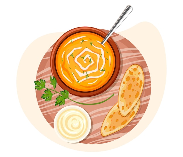 Vector icon of pumpkin cream soup lunch meal vegetarian healthy dinner image of tasty mash food menu appetizing vegan restaurant plate with spoon cuisine fresh cooking isolated flat vector illustration