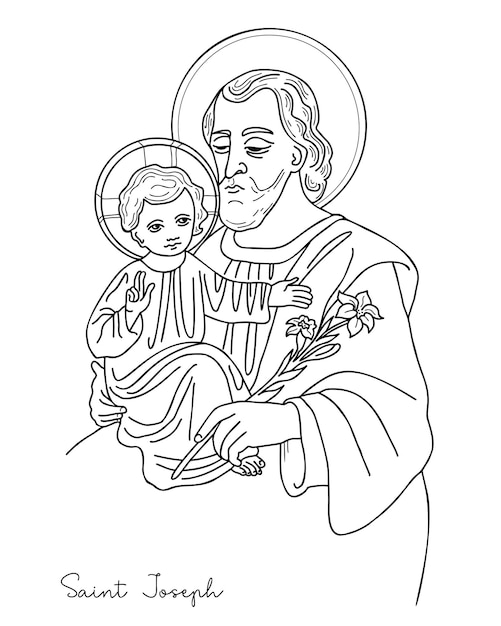 Icon Saint Joseph the Betrothed with divine Child Jesus Christ and blooming lily Hand drawn outline