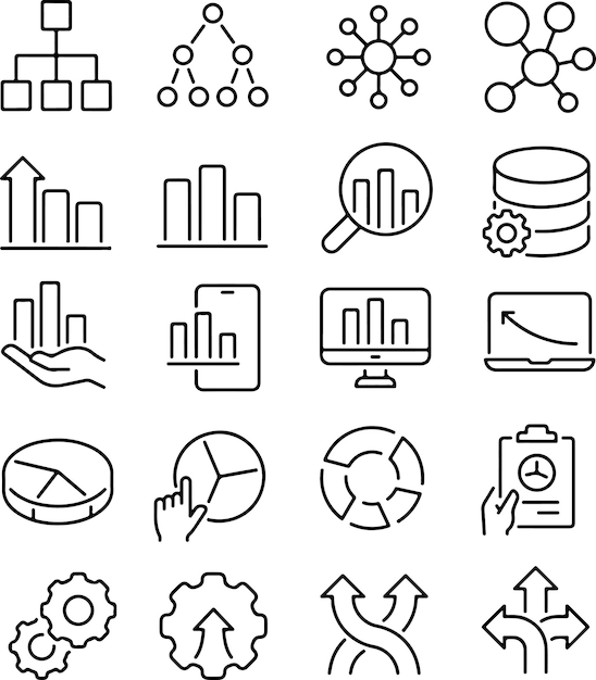 Icon set about data structure and analysis Isolated on white or transparent background monochrome