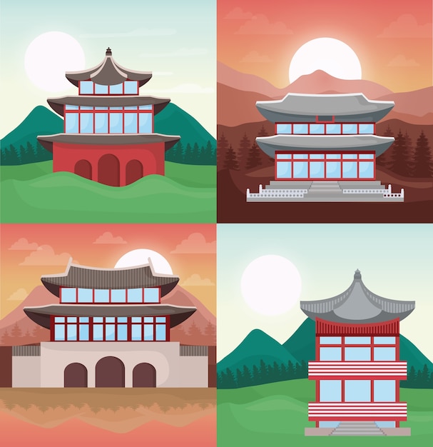 Vector icon set of asia temples