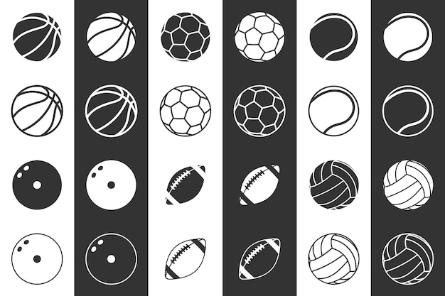 Icon set of balls for football basketball volleyball rugby bowling and tennis in two variations