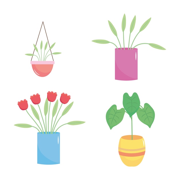 Set di icone di bellissime piante in una pentola su sfondo bianco