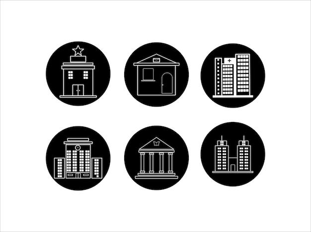 Icon Set of Black and White Line Art Buildings Illustrations