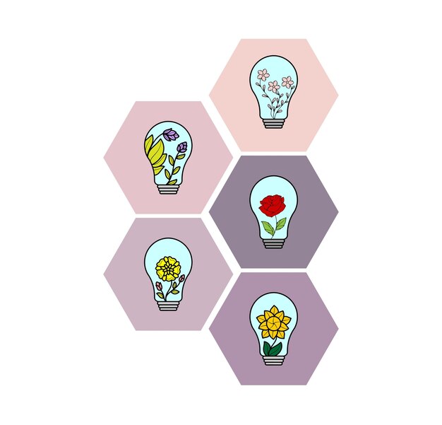 Icon set bloem gloeilamp hexagon vector