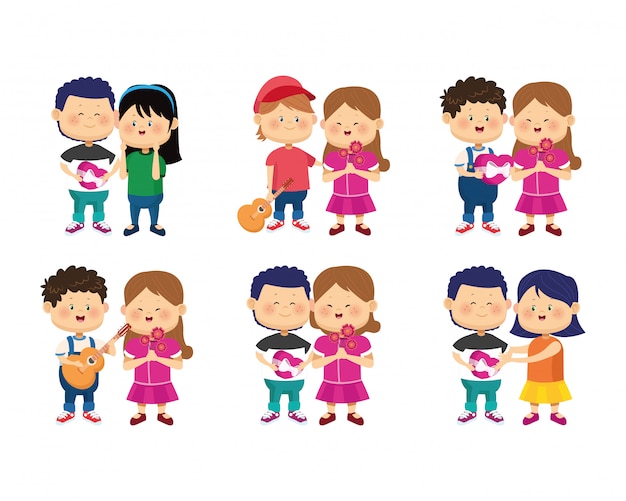 icon set of cartoon happy couples in love