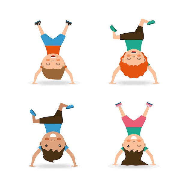 Vector icon set of cartoon happy kids doing cartwheel