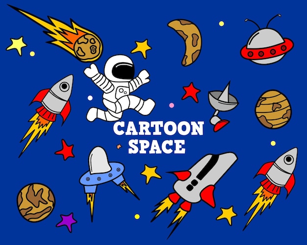 icon set cartoon thema illustratie ruimte raket planeet ster astronauticon ontwerp voor kinderen