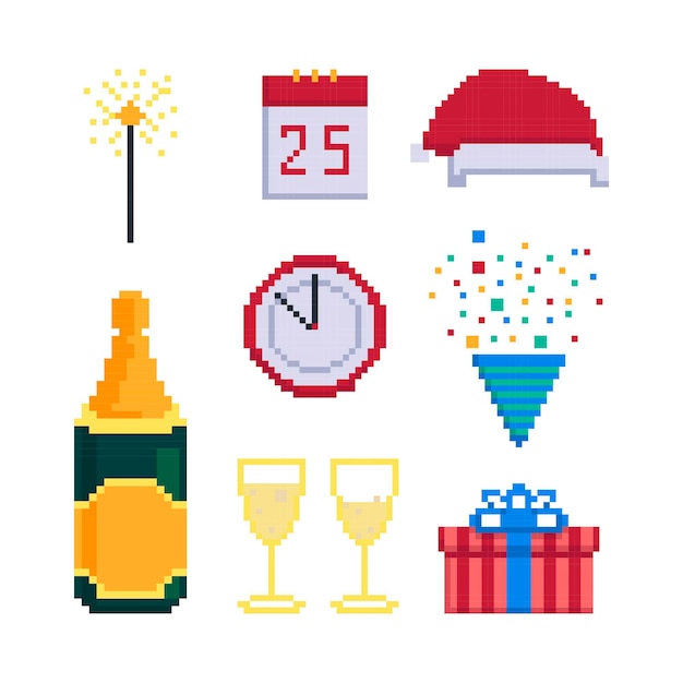 Icon set for christmas party isolated on a white background Vector illustration in pixel art style