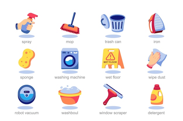 Icon set cleaning in flat cartoon design bright pictures of detergents equipment rags and mops