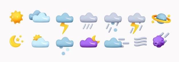 Icon set cloud weather. Realistic 3d symbol design. Complete collection. Vector illustration