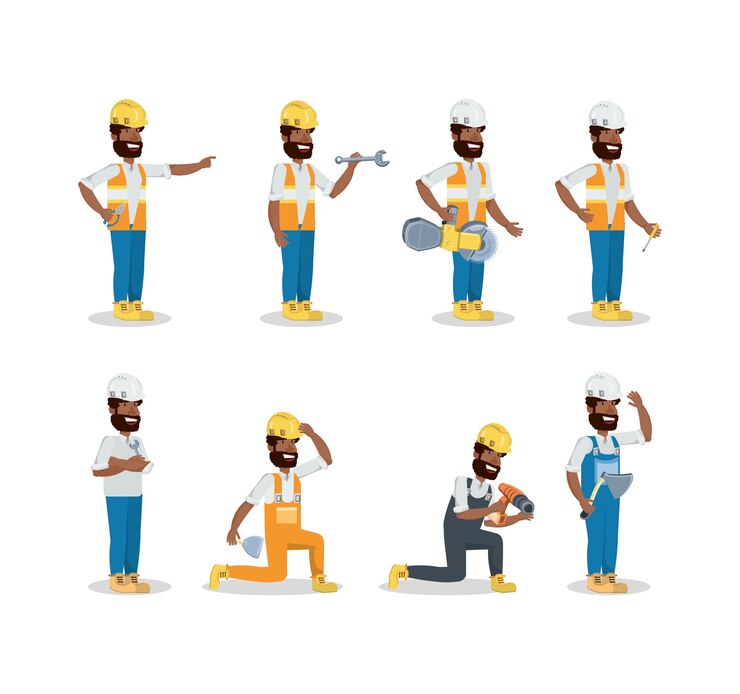 Vector icon set of construction builders with tools