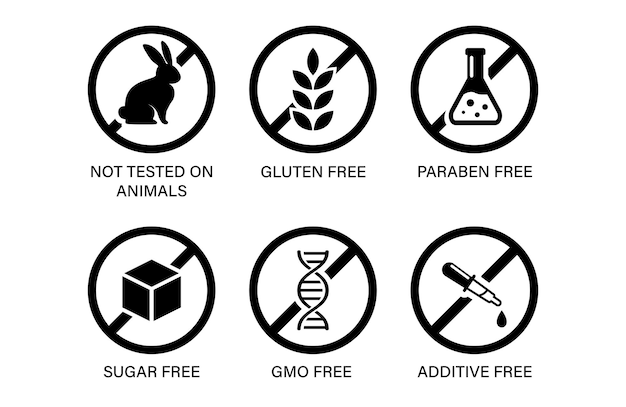 Vector icon set for cosmetic packages, not tested on animals, gluten, additive free, sugar free, gmo free,