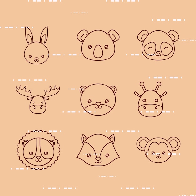 Vector icon set of cute animals over brown background