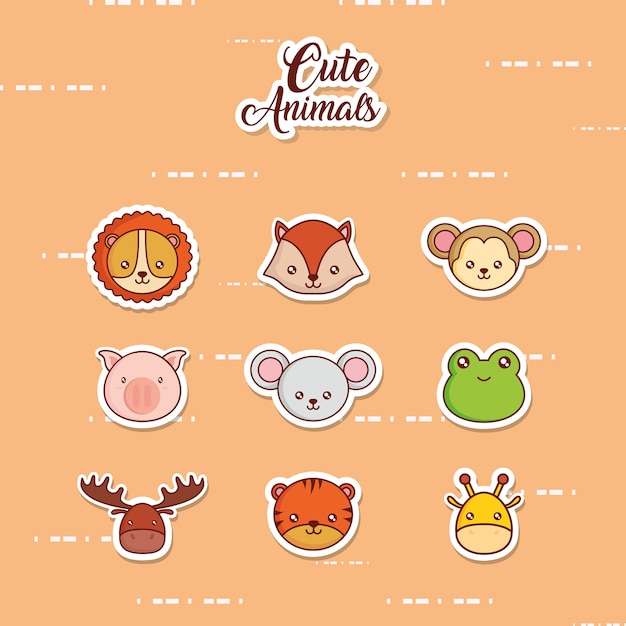 icon set of cute animals over brown background