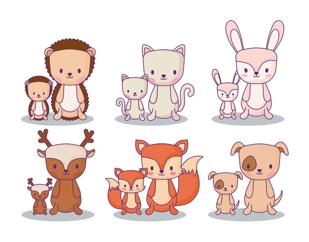 白い背景の上にかわいい動物のアイコンセット