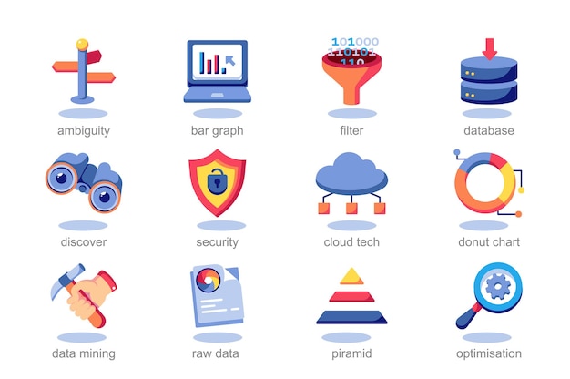 Icon set data analysis in flat cartoon design this set of icons features playful representations of