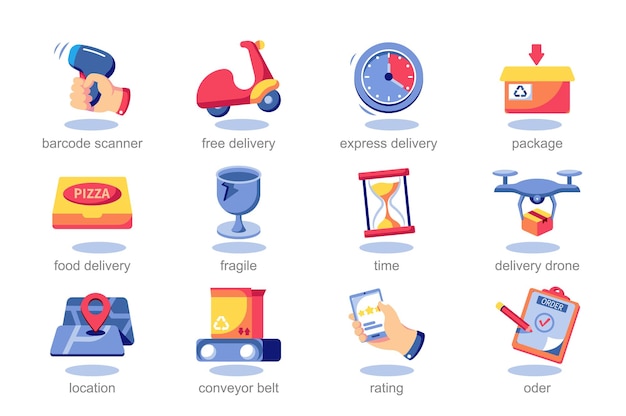 Icon set delivery in flat cartoon style image show all from smiling delivery personnel to cute