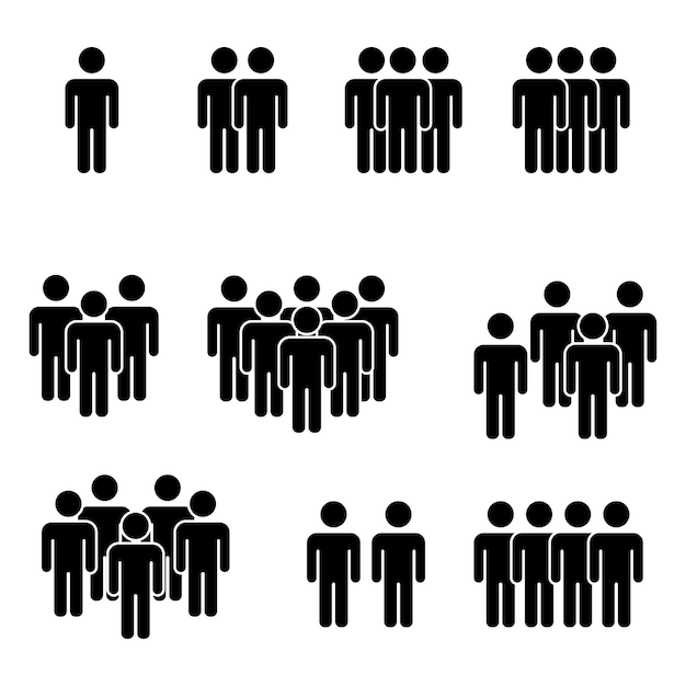 Vector icon set depicting individuals and groups in increasing sizes people icons growing number