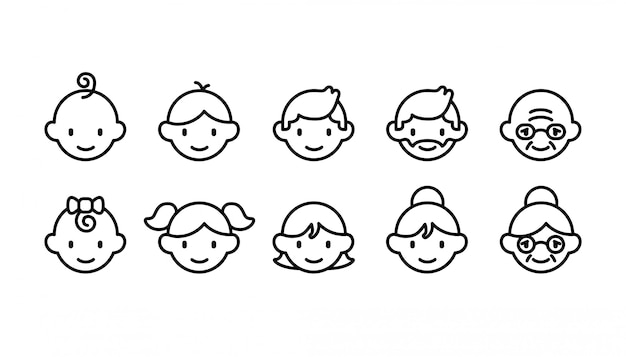 Vector icon set of different age groups of people from baby to elder
