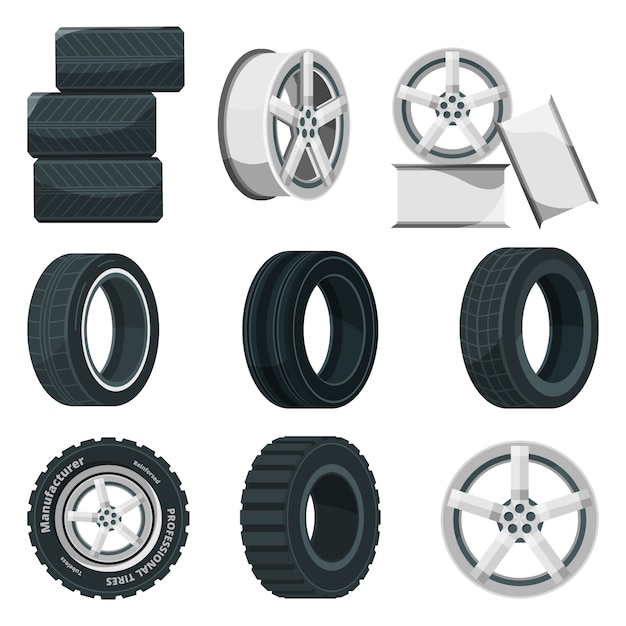 Icon set of different disks for wheels and tires.