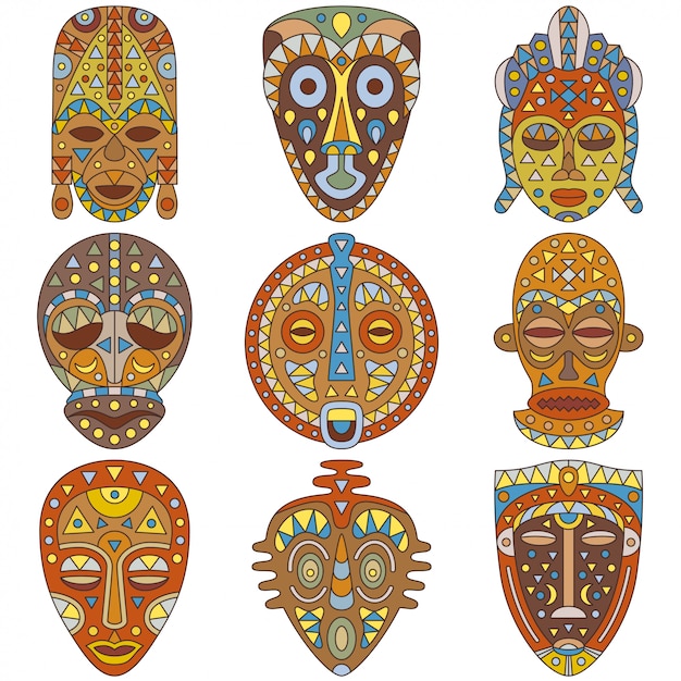 Vettore set di icone. diverse maschere etniche. illustrazione