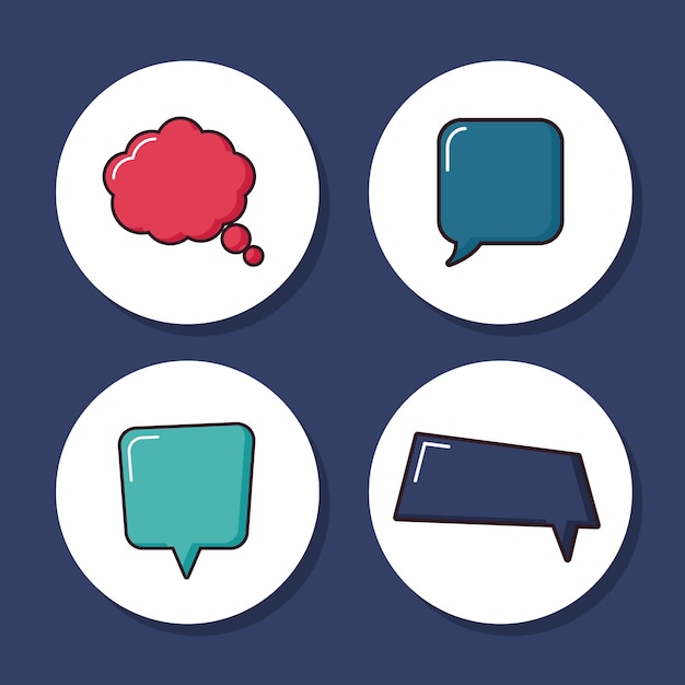 Vector icon set of different types of speech bubbles over white circles and blue background