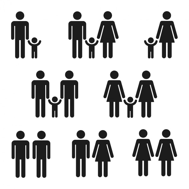 Vector icon set of families, simple stick figure symbols. traditional and homosexual couples with kids.