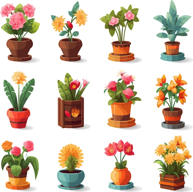 Vector icon set flat style flower pots ceramic terracotta hanging glass and wooden flowers inside