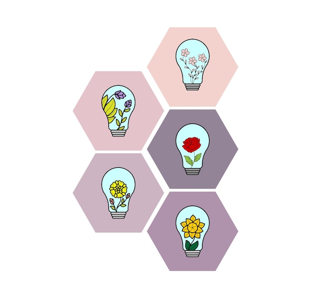 Icon set flower lightbulb hexagon vector